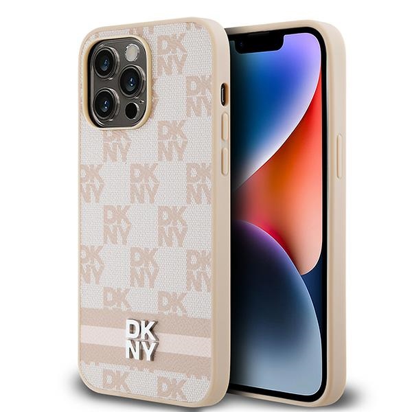 DKNY Nahkainen Checkered Mono Pattern & Printed Stripes Suojakuori iPhone 14 Pro Max:lle - vaaleanpunainen