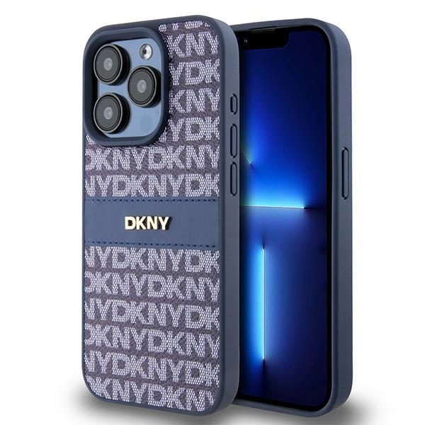 DKNY Nahkainen Mono Raita ja Metallinen Logo Suojakuori iPhone 15 Pro:lle - sininen