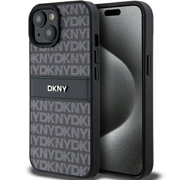 DKNY Nahkainen Mono Raita ja Metallinen Logo Suojakuori iPhone 15 Plus / 14 Plus:lle - musta