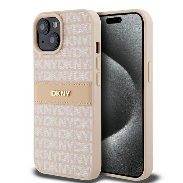 DKNY Nahkainen Mono Raita ja Metallinen Logo Suojakuori iPhone 15 Plus / 14 Plus:lle - vaaleanpunainen