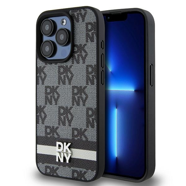 DKNY Nahkainen Ruudullinen Mono-kuvio ja Painetut Raidat Suojakuori iPhone 15 Pro Max:lle - musta
