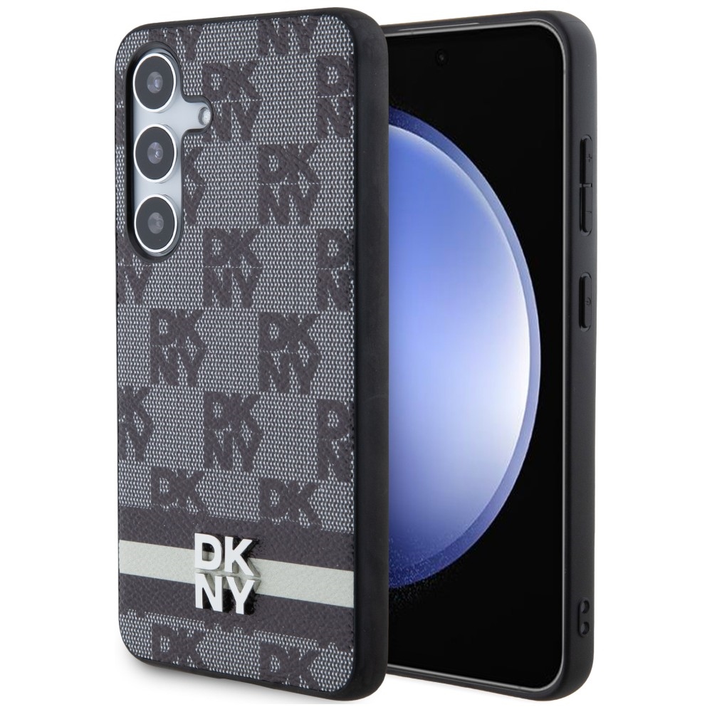 DKNY Nahkainen Ruudullinen Mono-kuvio ja Painetut Raidat Suojakuori Samsung Galaxy S24+:lle - musta