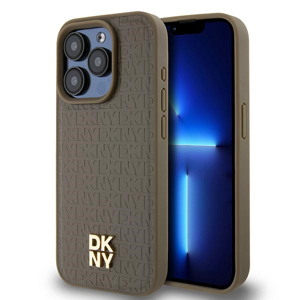 DKNY Nahkainen Kuvio Metallinen Logo MagSafe Suojakuori iPhone 14 Pro:lle - ruskea