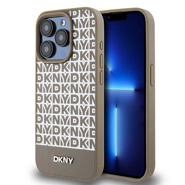 DKNY Nahkainen Painettu Kuvio Metallinen Logo MagSafe Suojakuori iPhone 15 Pro:lle - ruskea