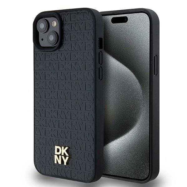 DKNY Nahkainen Monogrammi-kuvio Metallinen Logo MagSafe Suojakuori iPhone 15 Plus / 14 Plus:lle - musta