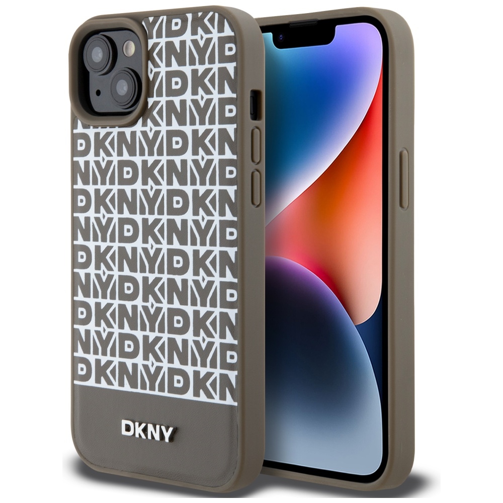 DKNY Nahkainen Painettu Kuvio Metallinen Logo MagSafe Suojakuori iPhone 15 / 14 / 13:lle - ruskea