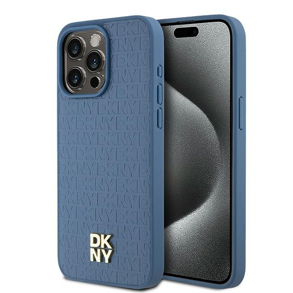 DKNY Nahkainen Monogram Pattern Metal Logo MagSafe Suojakuori iPhone 15 Pro Max:lle - Sininen