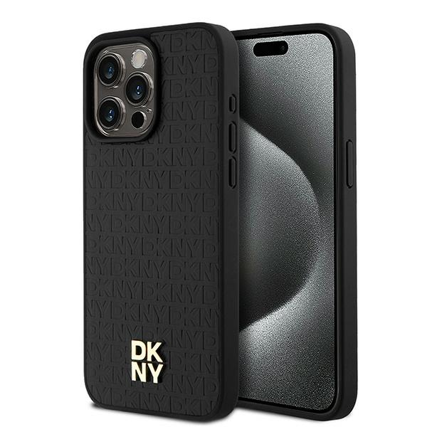 DKNY Nahkainen Monogram Pattern Metal Logo MagSafe Suojakuori iPhone 15 Pro Max:lle - Musta