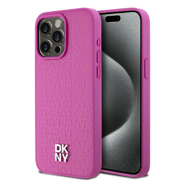 DKNY Nahkainen Monogram Pattern Metal Logo MagSafe Suojakuori iPhone 15 Pro Max:lle - Vaaleanpunainen