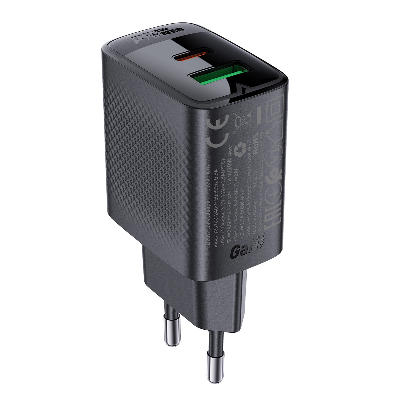 Acefast A78 GaN laturi USB-A / USB-C PD 20 W - musta