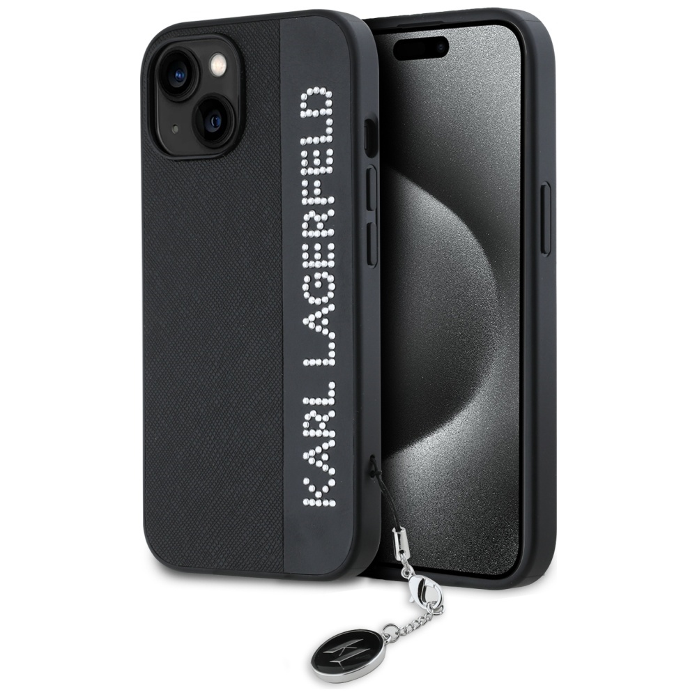 Karl Lagerfeld Saffiano Rhinestones & Charm Suojakuori iPhone 15 / 14 / 13:lle - musta