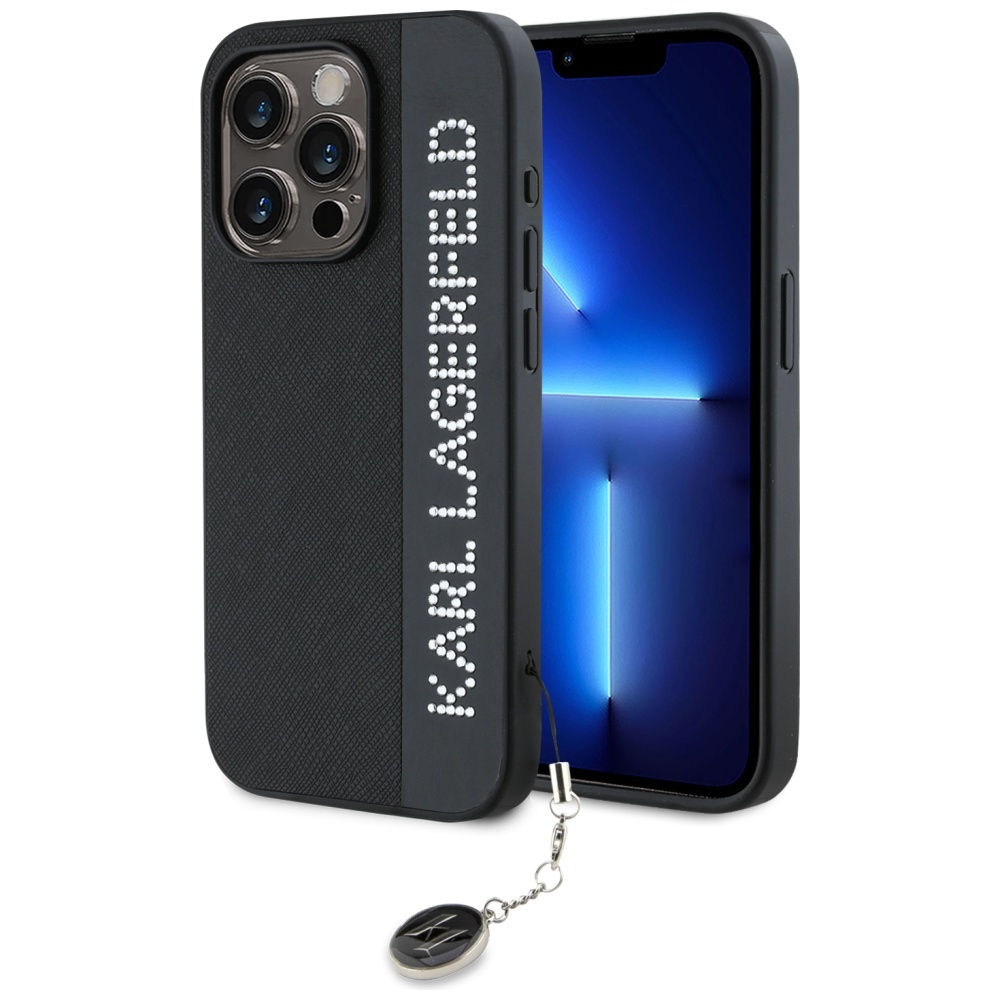 Karl Lagerfeld Saffiano Rhinestones & Charm Suojakuori iPhone 15 Pro Maxille - musta