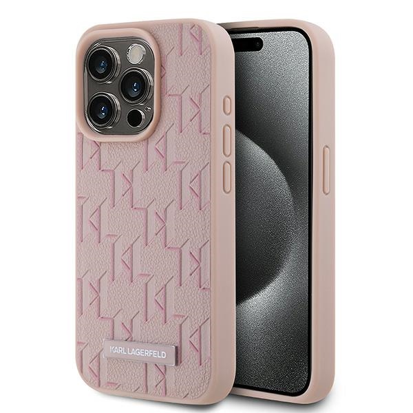 Karl Lagerfeld Nahkainen Monogram Metal Logo Suojakuori iPhone 15 Pro Maxille - vaaleanpunainen