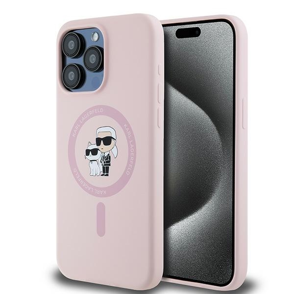 Karl Lagerfeld Silikoninen Karl & Choupette Ring MagSafe Suojakuori iPhone 15 Pro Maxille - vaaleanpunainen