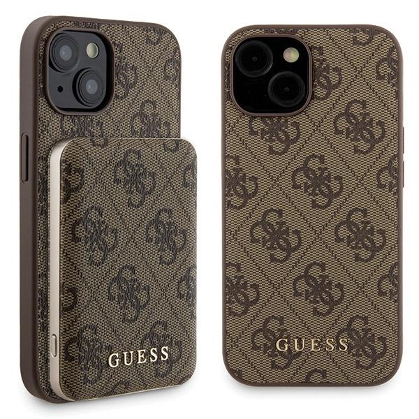 Guess 4G Metal Logo Suojakuori-setti iPhone 15:lle + 5000mAh MagSafe Varavirtalähde - ruskea