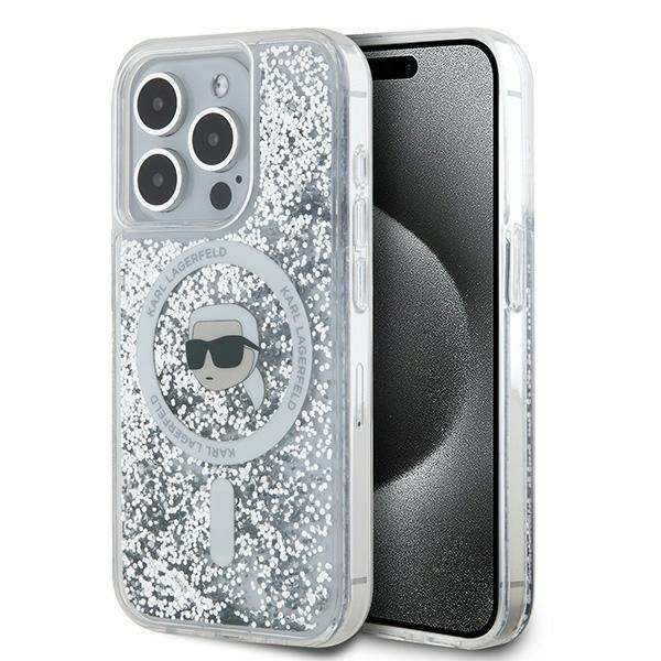 Karl Lagerfeld Liquid Glitter Karl Head MagSafe suojakuori iPhone 15 Pro:lle - läpinäkyvä