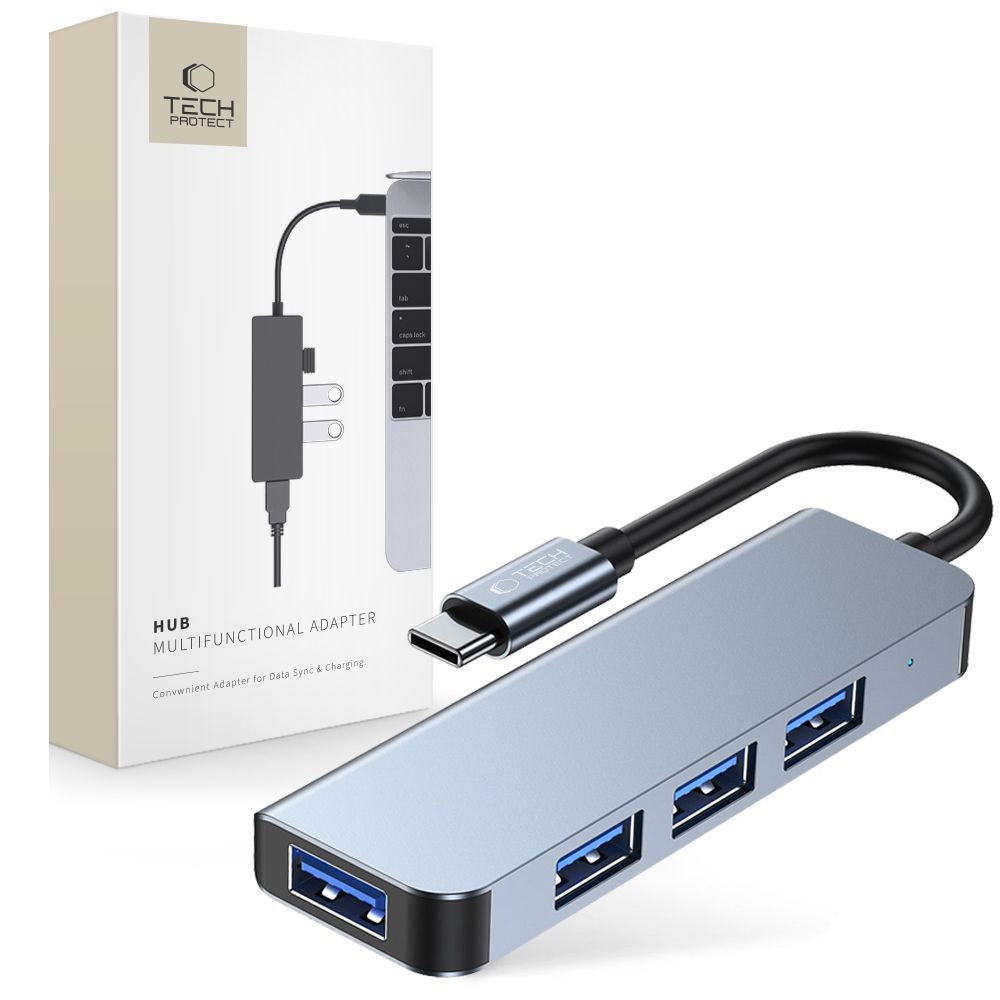 HUB Tech-Protect V1 4in1 USB-C - 3x USB-A 2.0 / USB-A 3.0 - harmaa