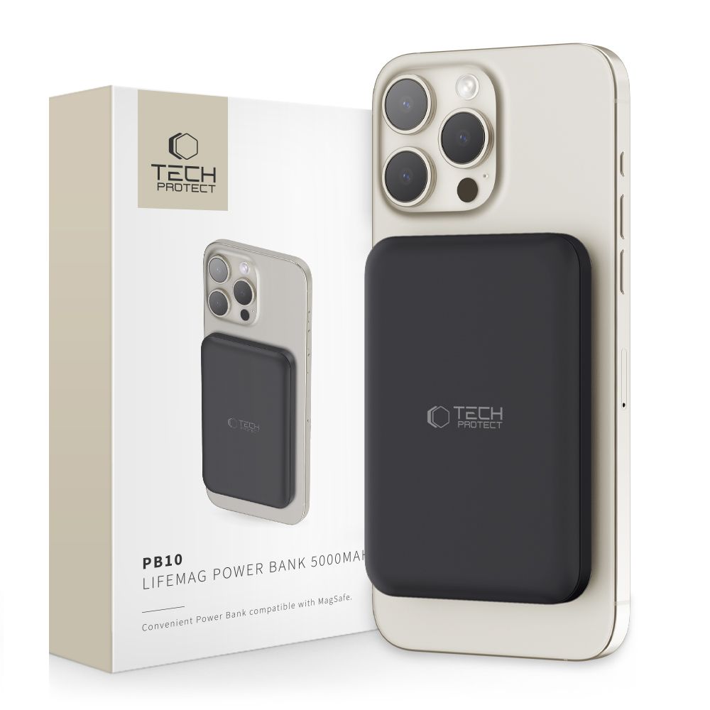 Tech-Protect LifeMag PB10 Powerbank MagSafe 5000mAh 15W USB-C-portilla - musta + USB-C-kaapeli
