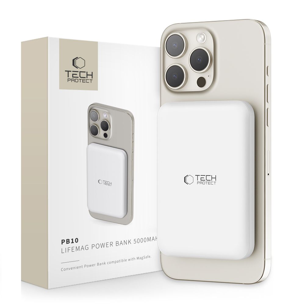 Tech-Protect LifeMag PB10 Powerbank MagSafe 5000mAh 15W USB-C-portilla - valkoinen + USB-C-kaapeli