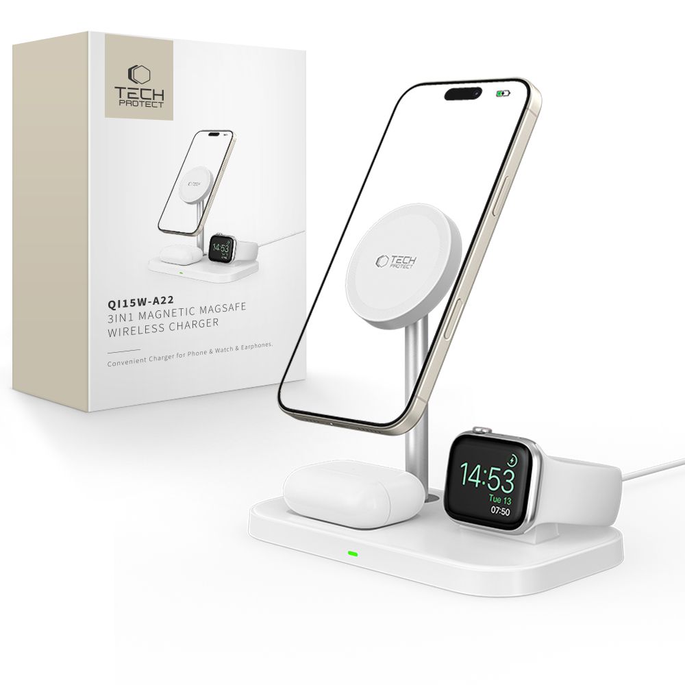 Tech-Protect QI15W-A22 MagSafe inductive charger with 3in1 MagSafe stand for smartphone / Apple Watch / AirPods - white
