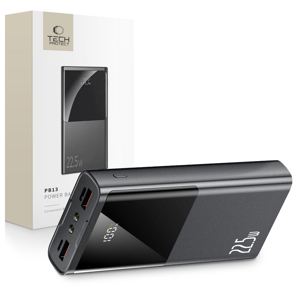 Powerbank Tech-Protect PB13 20000mAh 22.5W 2x USB-A / USB-C / Lightning USB-C / USB-A kaapelilla - harmaa