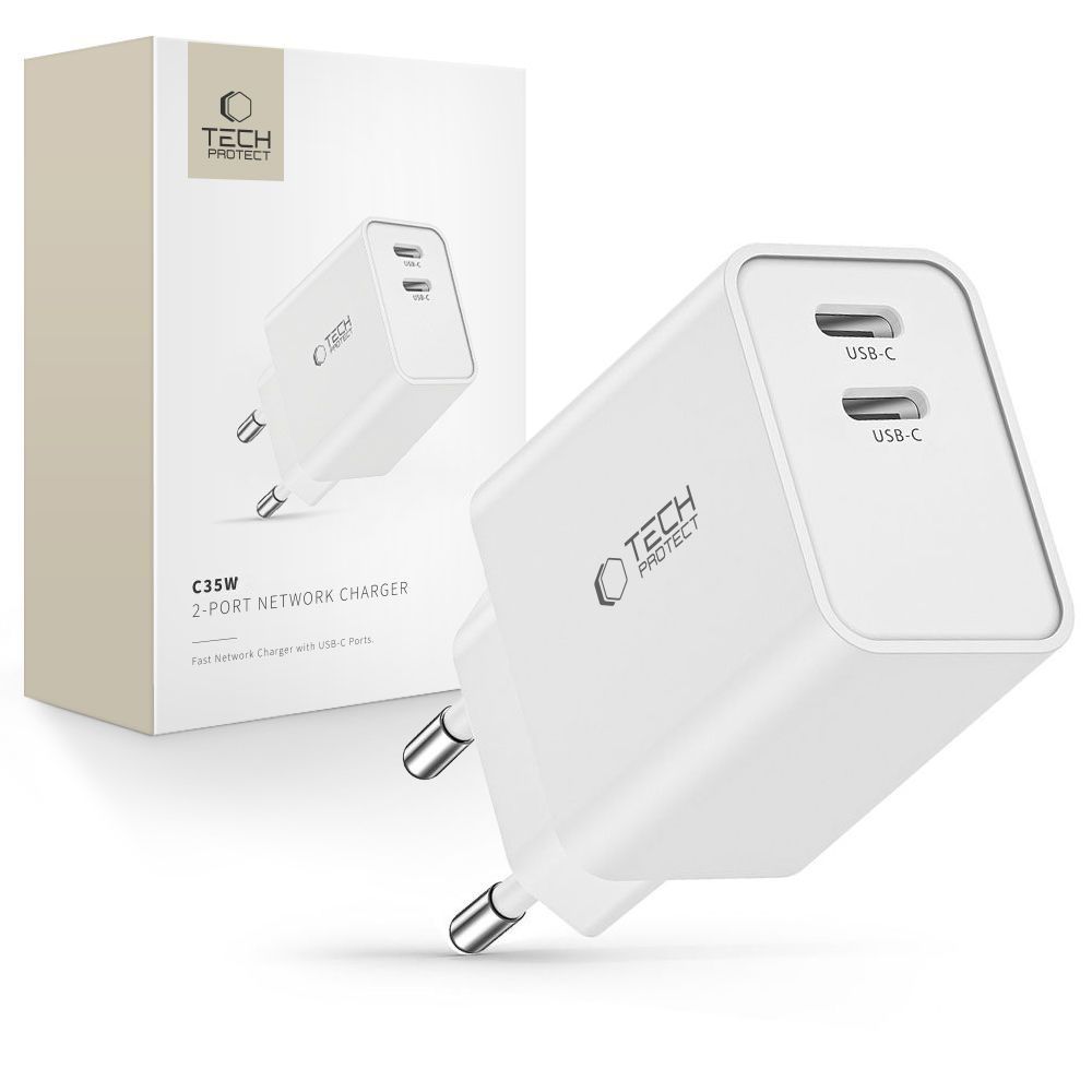 Tech-Protect C35W laturi 2x USB-C PD 35W - valkoinen