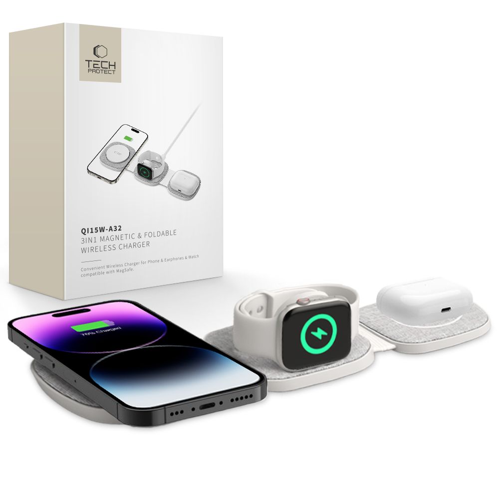 Tech-Protect QI15W-A32 3-in-1 Inductive Charger with MagSafe for Smartphone / Apple Watch / AirPods - Gray