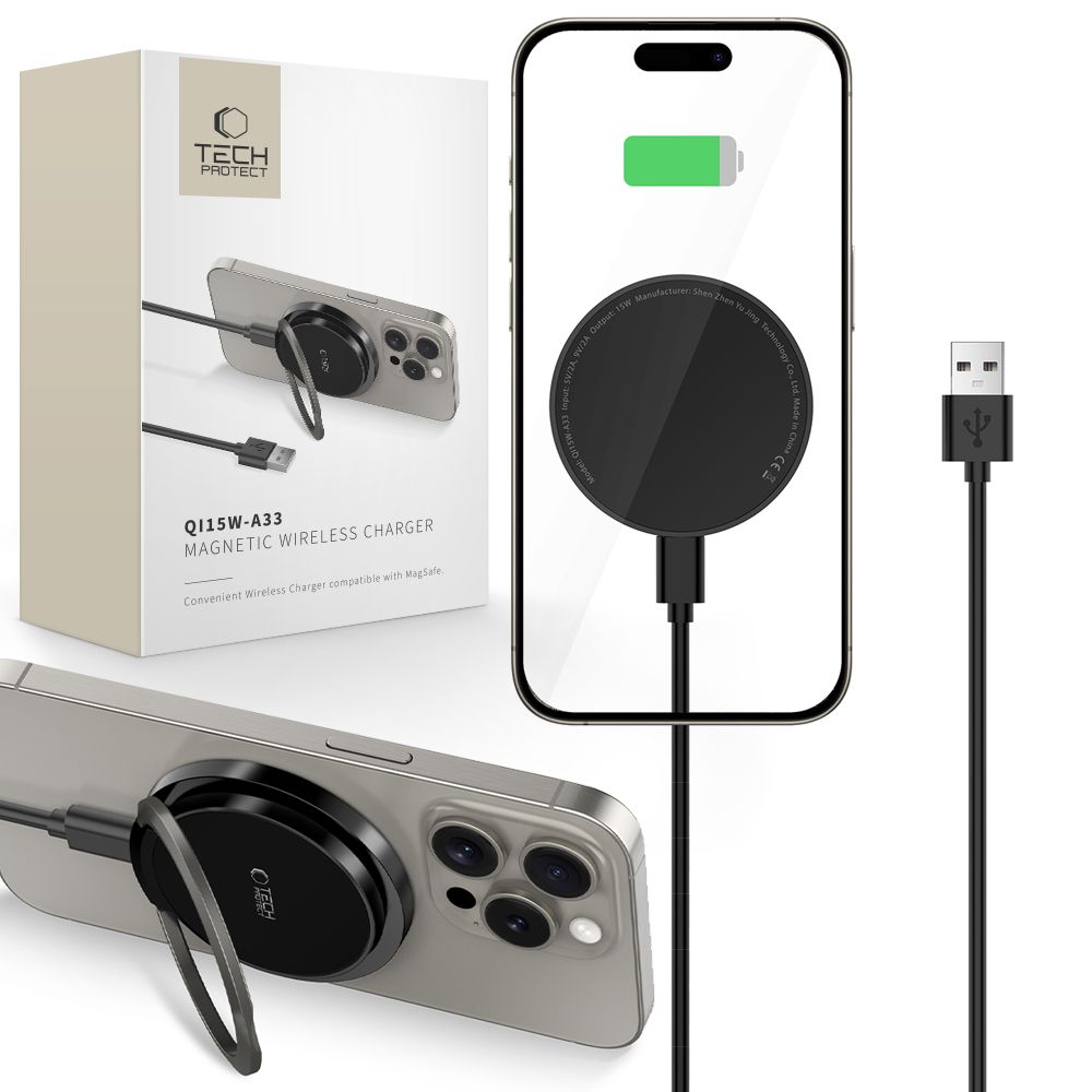 Tech-Protect QI15W-A33 Inductive Charger with MagSafe and Stand with USB-A / USB-C Cable - Black