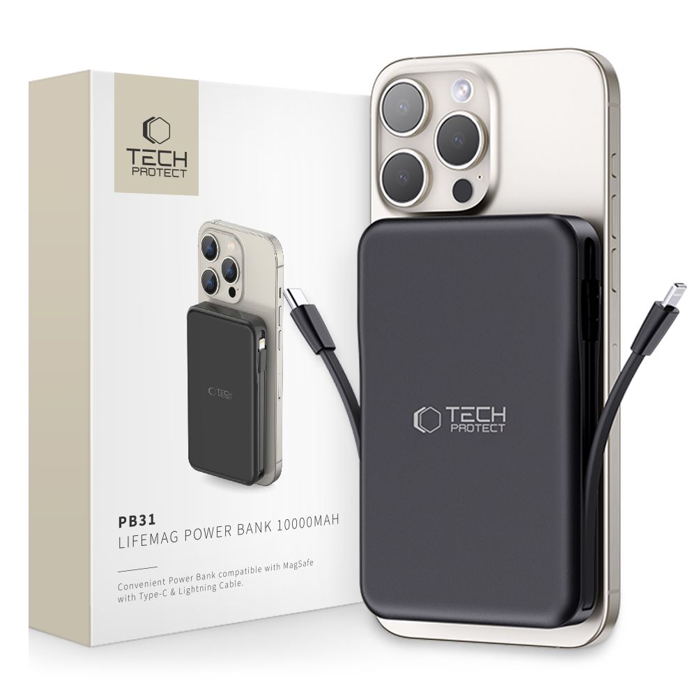 Tech-Protect LifeMag PB31 Power Bank MagSafe 10000mAh 15W USB-C / USB-A / Sisäänrakennetut USB-C / Lightning-kaapelit - musta