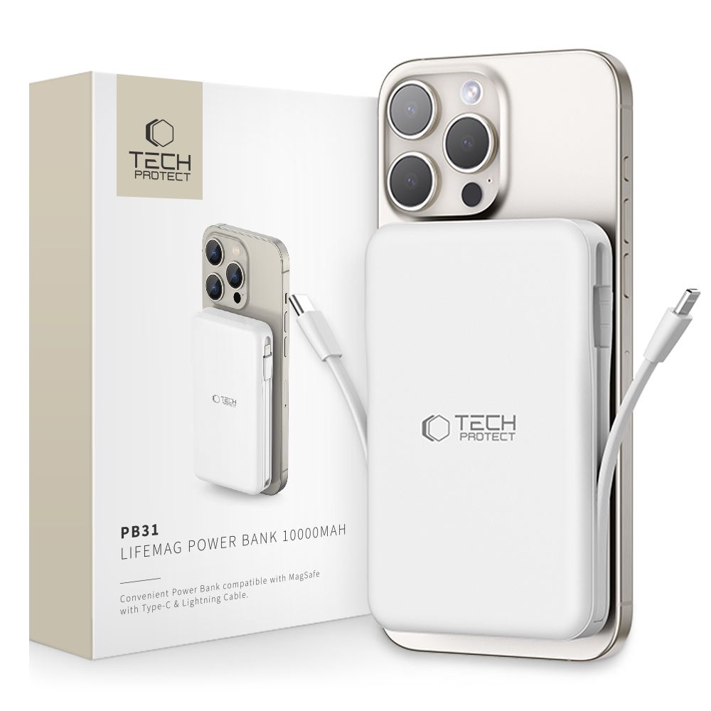 Tech-Protect LifeMag PB31 Power Bank MagSafe 10000mAh 15W USB-C / USB-A / Sisäänrakennetut USB-C / Lightning-kaapelit - Valkoinen