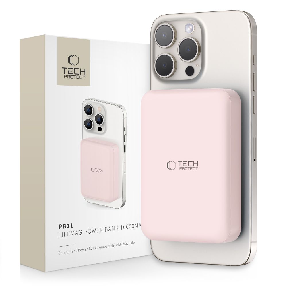 Tech-Protect LifeMag PB11 Powerbank MagSafe 10000mAh 15W USB-C-portilla - vaaleanpunainen + USB-C-kaapeli