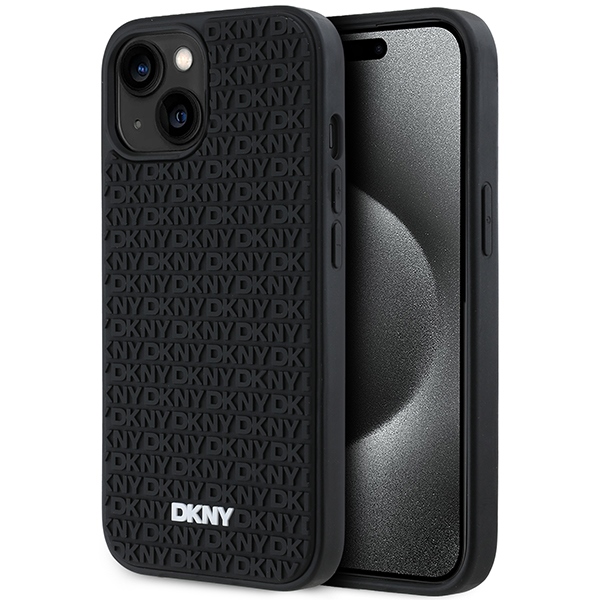 DKNY 3D Rubber Repeat Pattern Suojakuori iPhone 15 Plus:lle - Musta