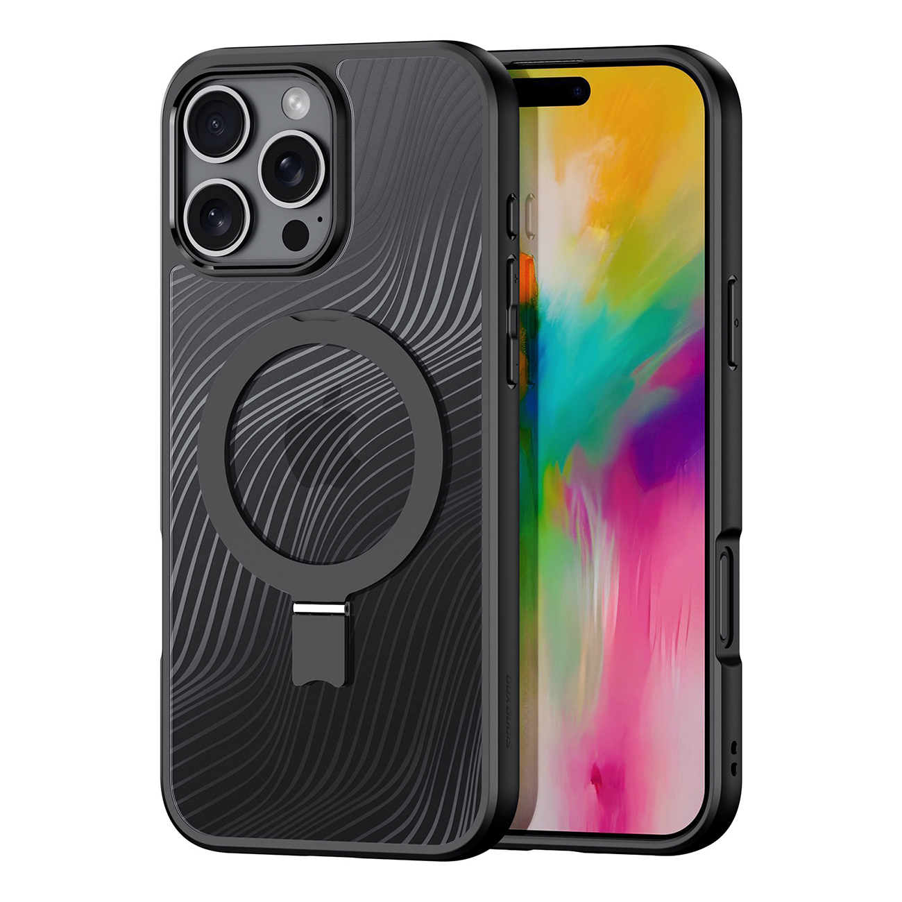 Dux Ducis Aimo Mag Suojakuori MagSafella ja jalustalla iPhone 16 Pro Max:lle - musta