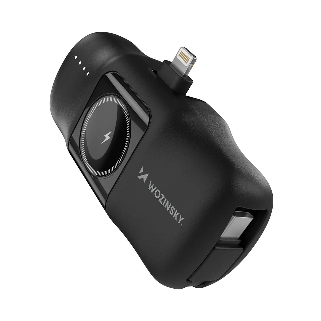 Wozinsky WF16-YLS 5000mAh 15W Lightning Mini Power Bank, jossa on sisäänrakennettu USB-C-kaapeli ja Apple Watch -laturi - musta