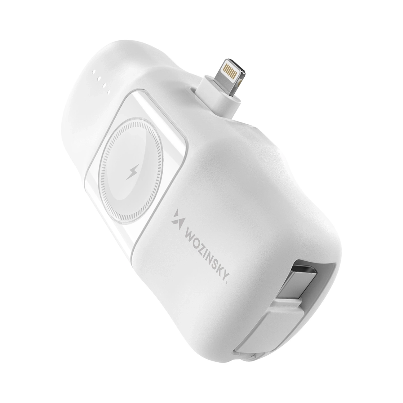 Wozinsky WF16-YLS 5000mAh 15W Lightning Mini Power Bank, jossa on sisäänrakennettu USB-C-kaapeli ja Apple Watch -laturi - Valkoinen