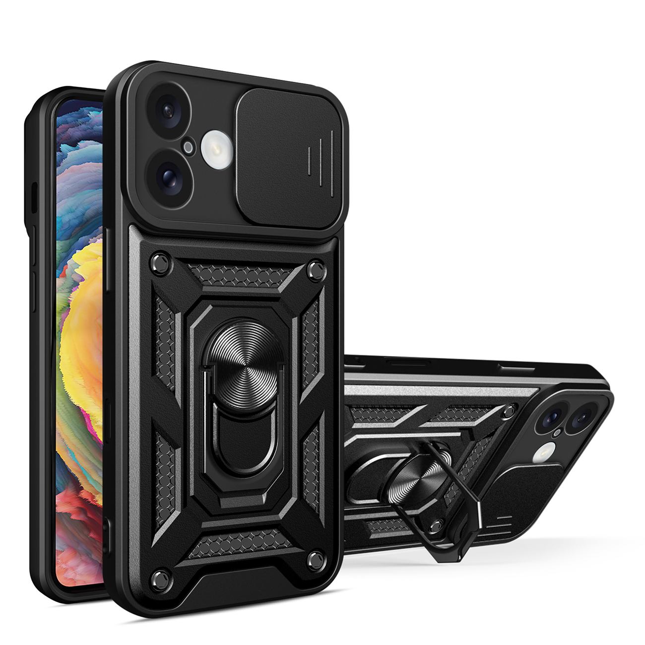 Hybrid Armor Camshield Panssaroitu Suojakuori iPhone 16:lle kameransuojalla ja jalustalla - Musta
