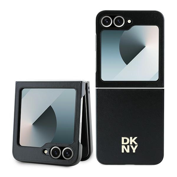 DKNY Nahkainen Metal Stack Logo Suojakuori Samsung Galaxy Z Flip 6:lle - Musta