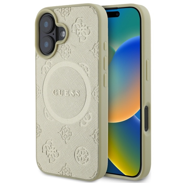 Guess Saffiano Peony Classic Logo MagSafe Suojakuori iPhone 16:lle - Kultainen