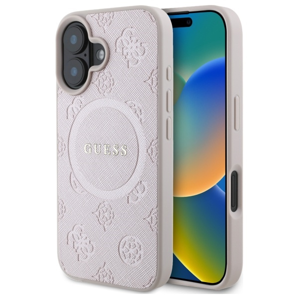 Guess Saffiano Peony Classic Logo MagSafe Suojakuori iPhone 16:lle - Vaaleanpunainen