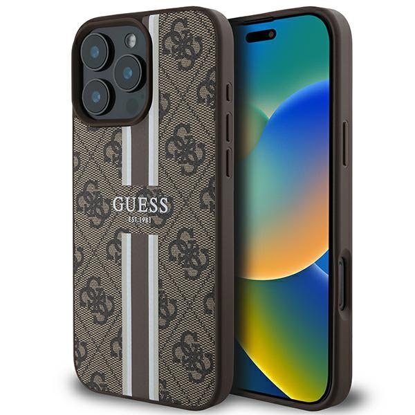 Guess 4G Printed Stripes MagSafe kotelo iPhone 16 Pro Max - ruskea