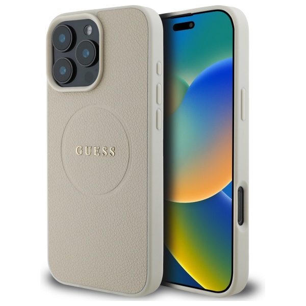 Guess Grained Gold Ring MagSafe Suojakuori iPhone 16 Pro Max:lle - Beige