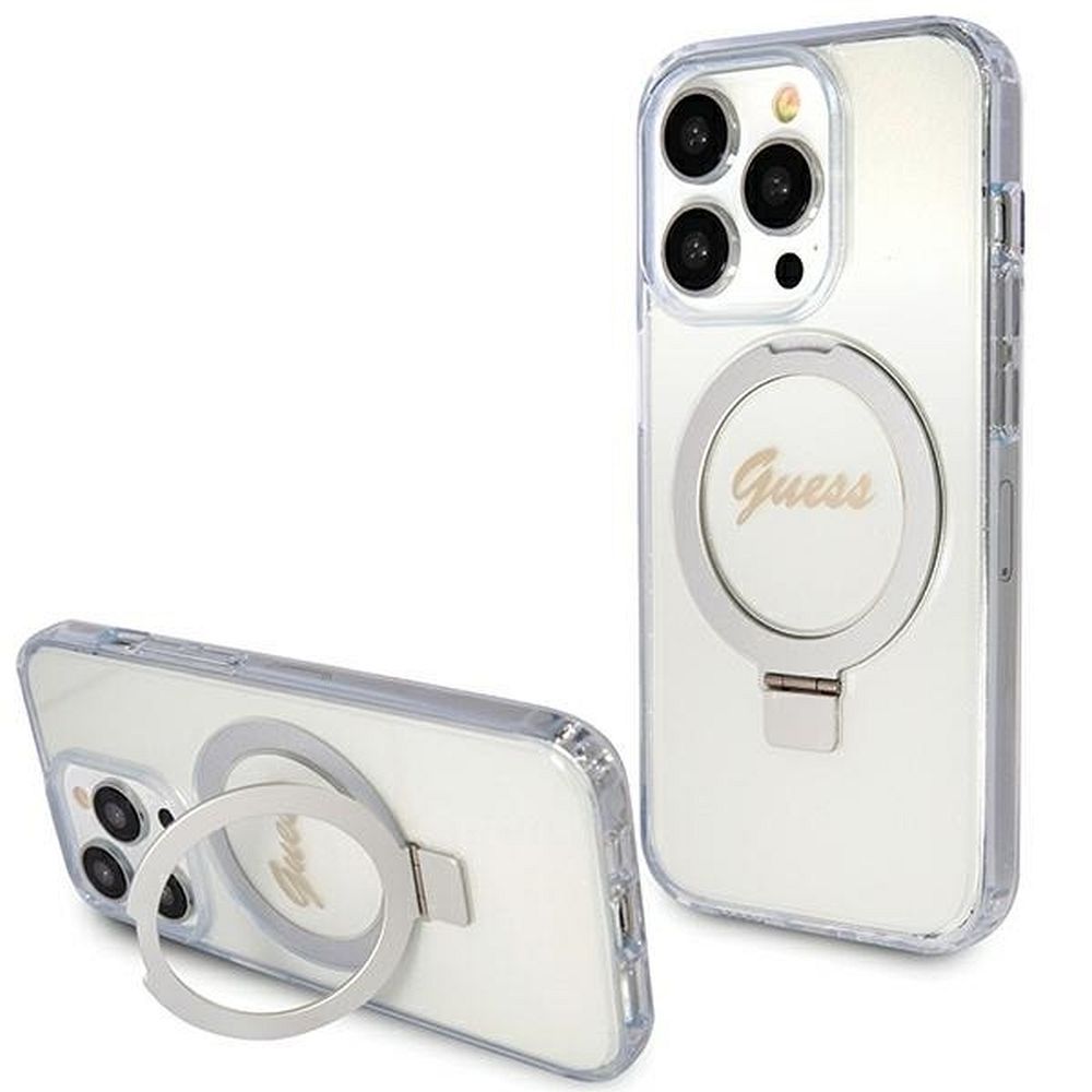 GUESS Suojakuori IPHONE 15 Prolle MagSafe-yhteensopiva GUHMP15LHRSGSD (Glitter Script Logo Ring stand) läpinäkyvä