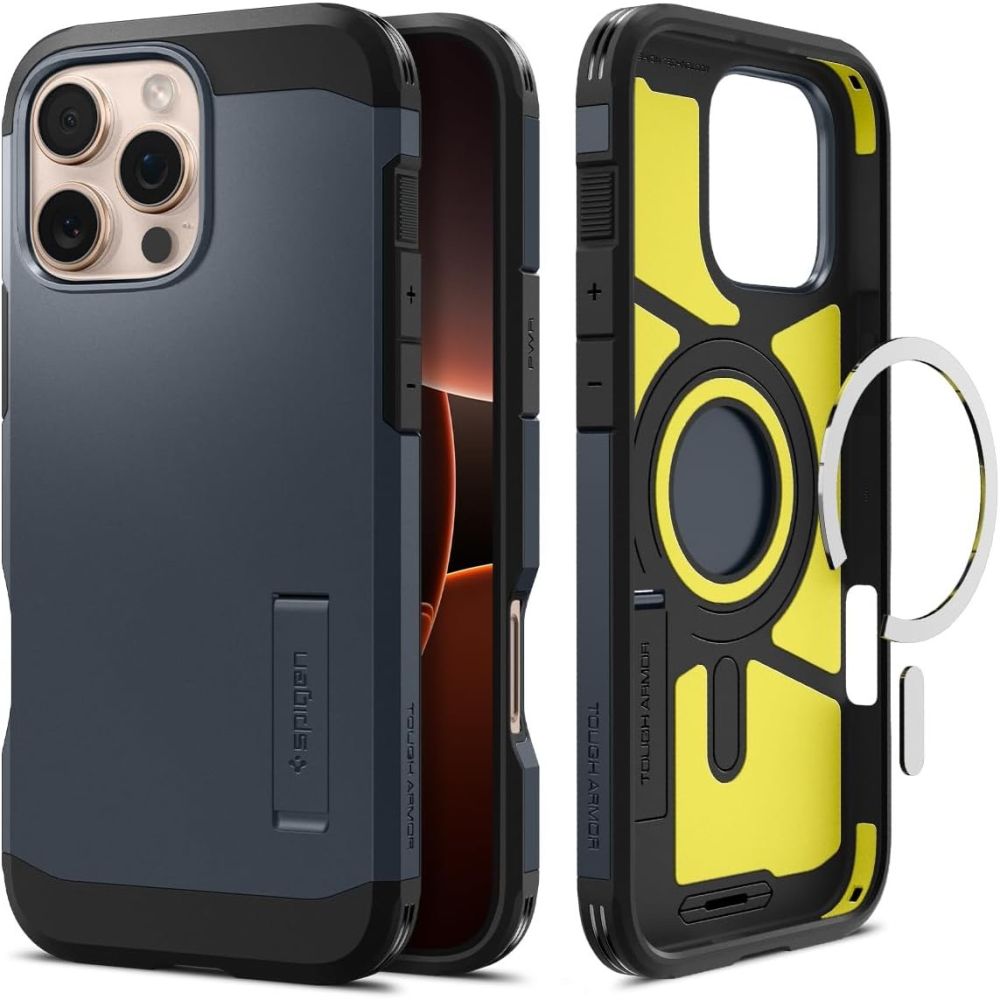 Spigen Tough Armor MagSafe Suojakuori jalustalla iPhone 16 Pro Max:lle - tummanharmaa