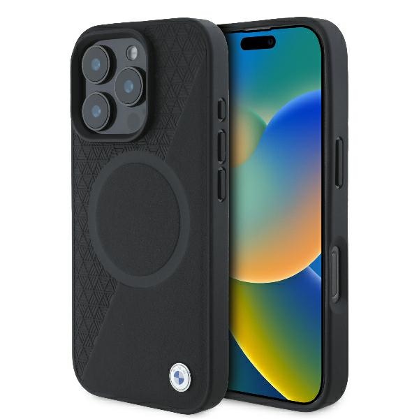 BMW Signature nahkainen puolikuviollinen ja Circle MagSafe Suojakuori iPhone 16 Pro:lle - musta