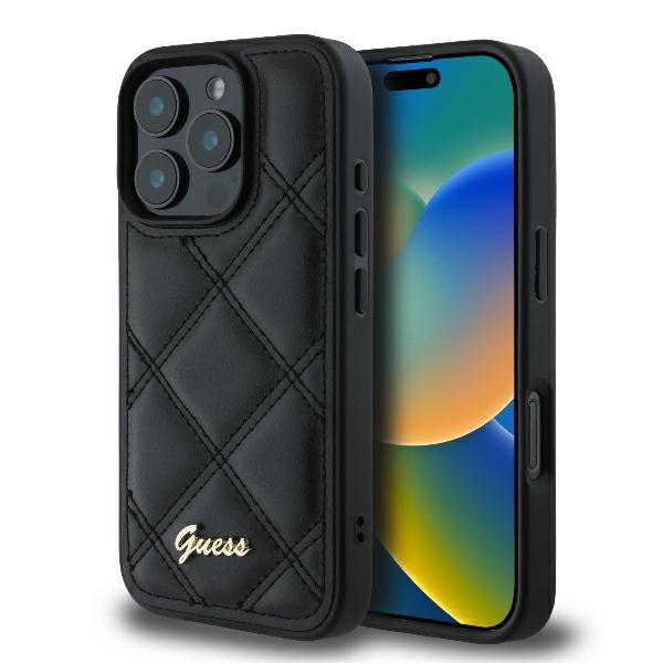Guess Quilted Metal Logo Suojakuori iPhone 16 Pro:lle - musta