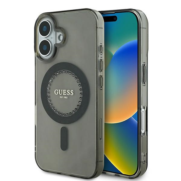 Guess IML Rhinestones MagSafe Suojakuori iPhone 16 Plus:lle - musta