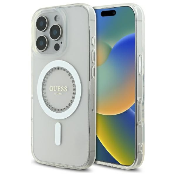Guess IML Rhinestones MagSafe Suojakuori iPhone 16 Pro Maxille - valkoinen