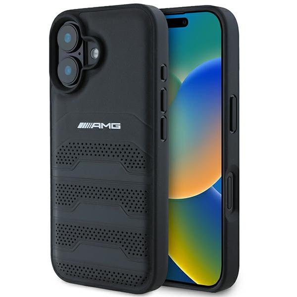 AMG Leather Debossed Lines Black Logo Suojakuori iPhone 16:lle - musta