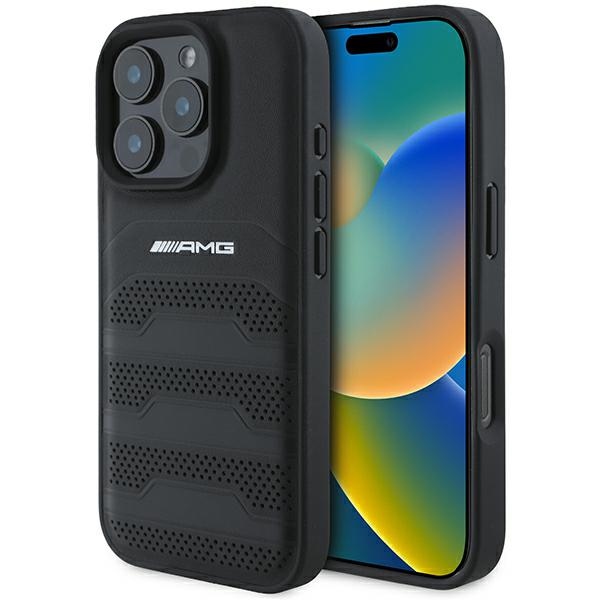 AMG Leather Debossed Lines Black Logo Suojakuori iPhone 16 Pro Max:lle - musta