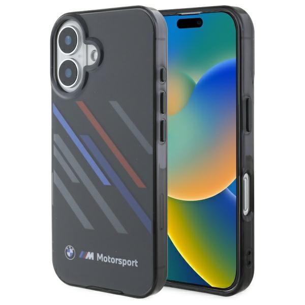 BMW Motosport IML Random Stripes Suojakuori iPhone 16 Plus:lle - musta